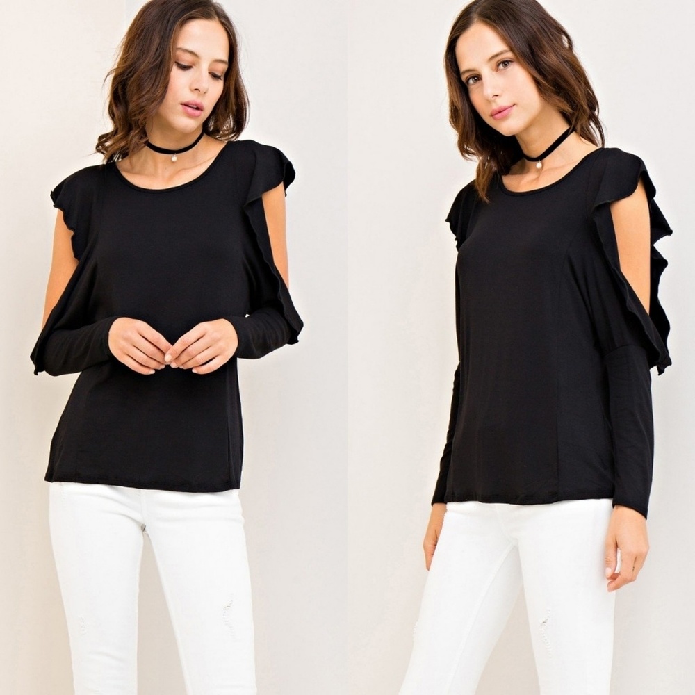 Open Shoulder Ruffle Sleeve Black Top